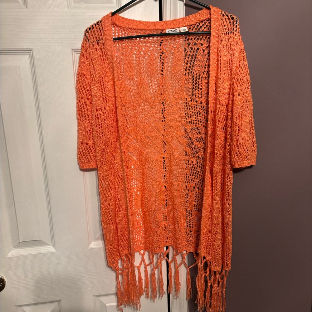 Orange Crochet Open-Front Cardigan